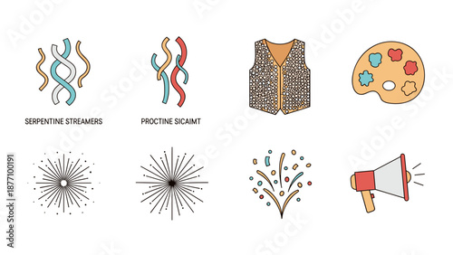 A colorful vector graphic illustration of various science and communication icons on a