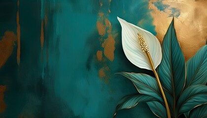 peace lily plant on textured teal and gold background