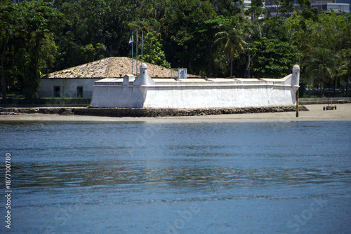 Historic construction, São João de Bertioga fort, Brazil, seen at the entrance to the canal. Originally built by the Portuguese in 1532.
