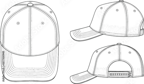 Professional baseball cap technical sketch set featuring front side and back views for apparel design and merchandise mockup