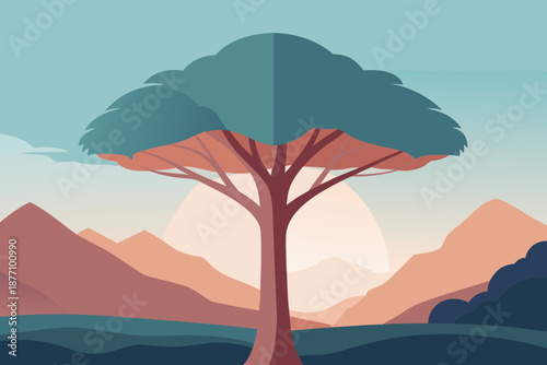 Stunning tree landscape with mountains and sunset