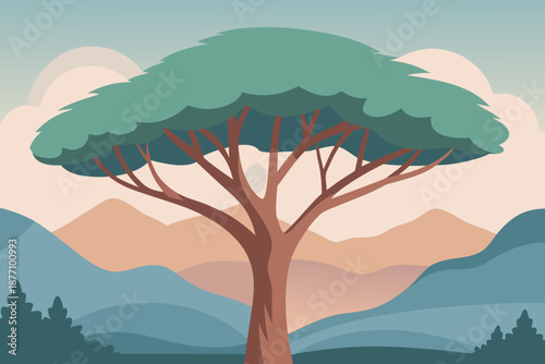 Serene tree landscape with mountains and clouds in nature