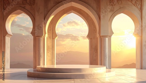 Elegant Moroccan Archway Podium at Golden Sunset, Desert Mountains