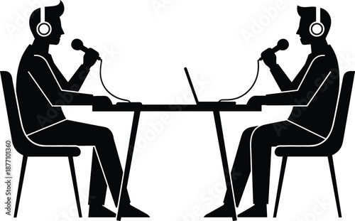 gTwo professional podcasters sitting at a table with microphones and laptop for interview or radio broadcast vector illustration