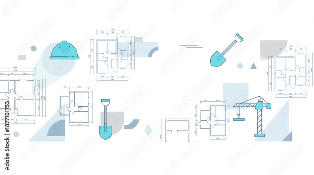 Fototapeta premium Architectural blueprints and construction tools illustration with hard hat, shovel, and crane.