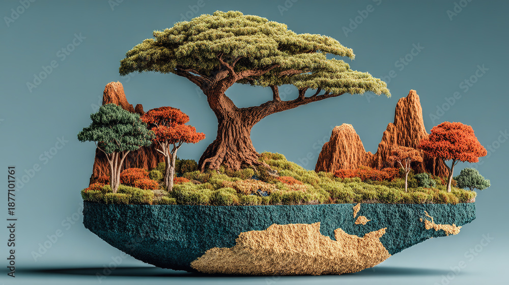custom made wallpaper toronto digitalMiniature floating island with trees and mountains, crafted from moss and natural materials.
