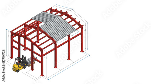 Isometric view of a red steel frame structure under construction with a forklift.