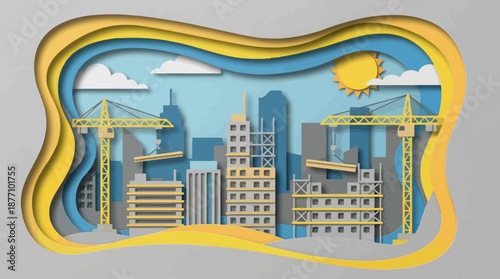 Layered paper art illustration of a modern city construction site with skyscrapers, cranes, and clouds, representing urban growth and development.
