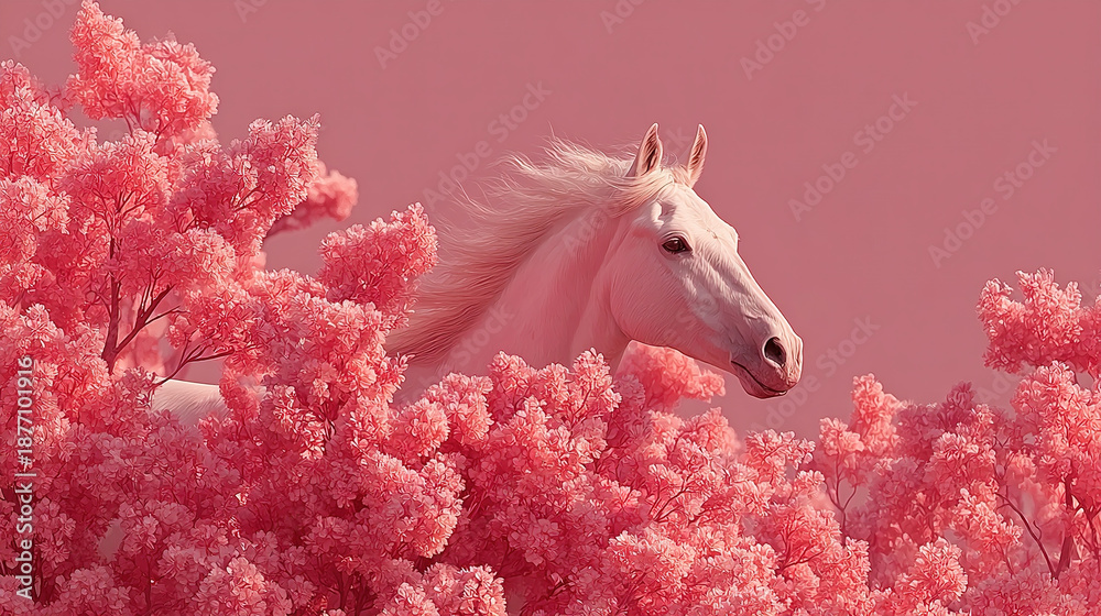 custom made wallpaper toronto digitalWhite horse with a flowing mane surrounded by pink flowering trees.