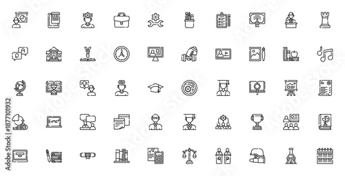 Academy icon set. Vector illustration of education symbols including student, teacher, book, diploma, science, art, sports and more. Editable line icons.