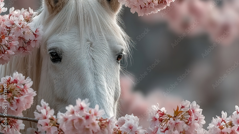 custom made wallpaper toronto digitalA white horse surrounded by pink cherry blossoms.