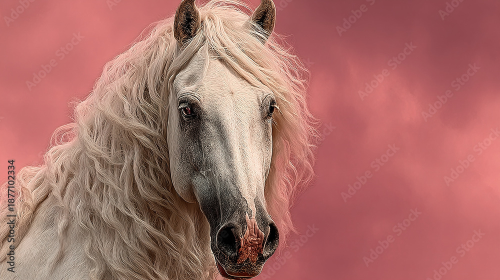 custom made wallpaper toronto digitalClose-up of a white horse with a pink background.