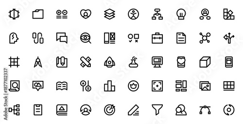 Design Thinking icon set. Vector illustration pack. Includes symbols for brainstorming, wireframe, prototype, user research, flowchart, innovation, testing and more.