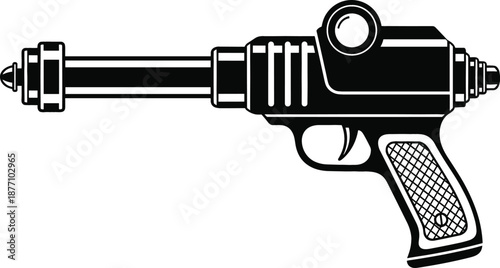 Retro futuristic sci-fi ray gun blaster vector illustration isolated on white background for vintage space adventure gaming and comic book design