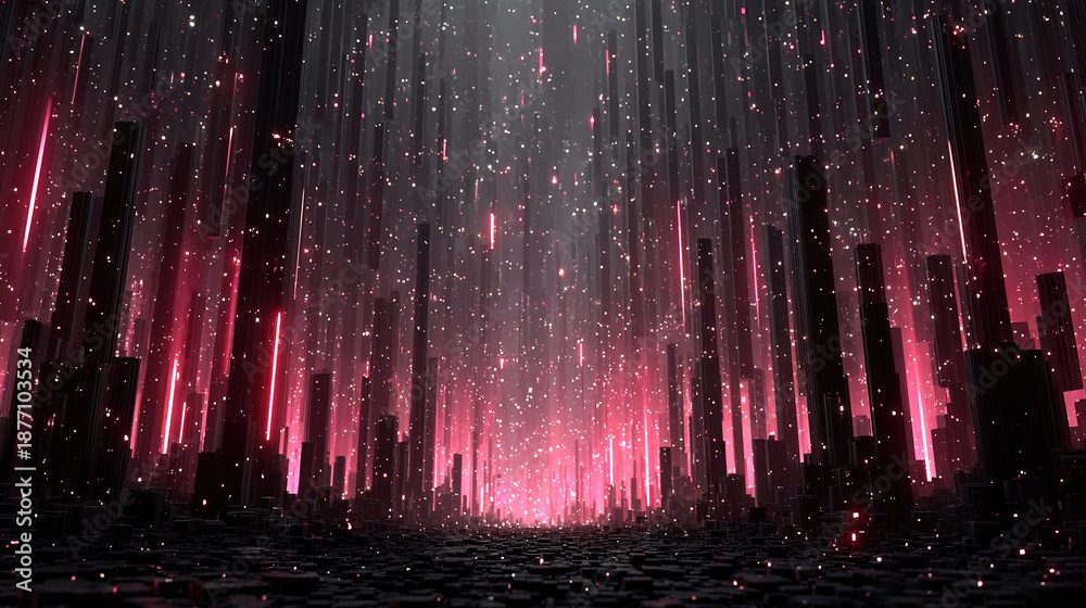 custom made wallpaper toronto digitalFuturistic digital cityscape with glowing pink and purple vertical lines and particles.