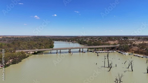 Wallpaper Mural Drone approach to bridge and river town surrounded by waterlogged plains and open sky, Blanchetown Adelaide Australia Torontodigital.ca