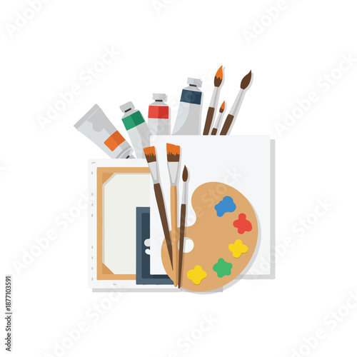 art supplies on canvas with paintbrushes and paints.