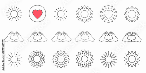 Collection of hand drawn line icons hearts suns praying hands and floral designs