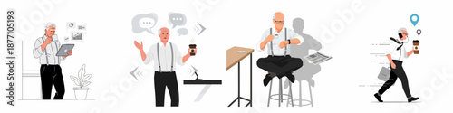 Senior businessman daily life routine set: planning, meeting, waiting, and rushing to work with coffee and technology.