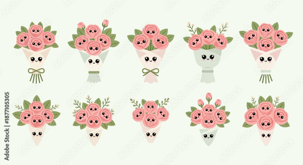 Fototapeta premium Cute happy tulip characters smiling and enjoying spring