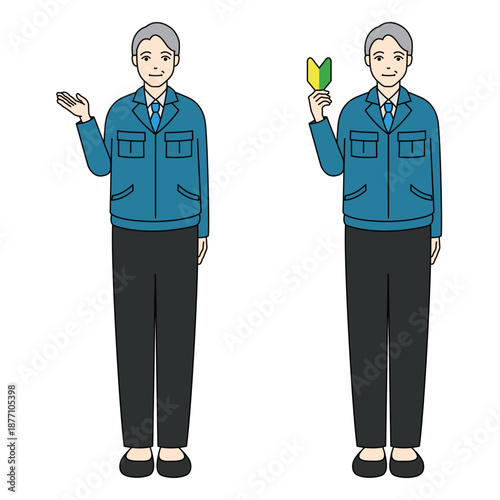 Senior worker in blue jacket holding beginner mark and presenting