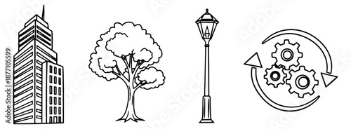 Hand drawn line art urban and natural elements set featuring a building, a tree, a street lamp, and gears for city development