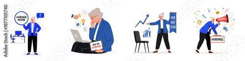 Recruitment and Hiring Set: Senior businesswoman announcing job openings, searching candidates, promoting team growth, and inviting new employees.
