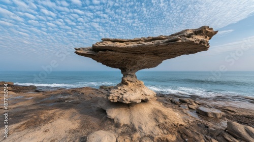 Whimsical mushroom-shaped rock formation on a rocky coastline with a textured sky