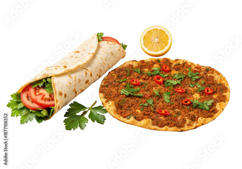 Two turkish lahmacuns, one wrapped with tomato, one flat with meat, garnished with lemon/parsley on rustic wooden board against white, concept of turkish cuisine