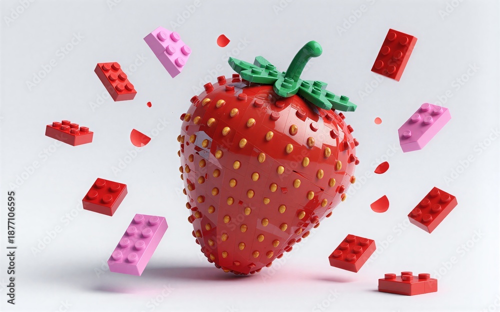 Fototapeta premium strawberry with red and pink bricks floating around, vibrant and playful.