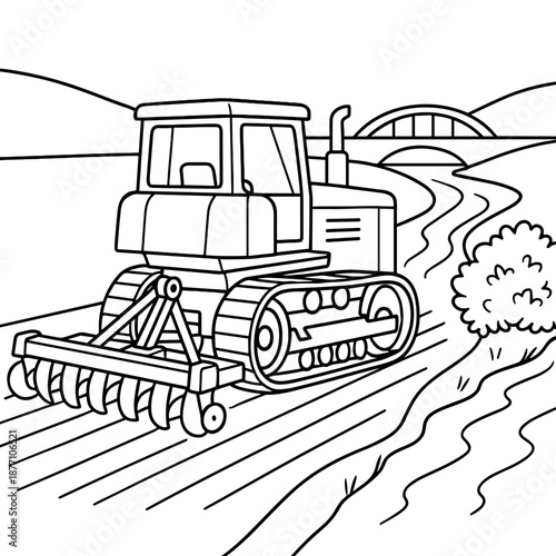 Tractor Tilling Field: A detailed line drawing shows a robust tractor meticulously tilling a field, showcasing its pivotal role in agriculture and land cultivation.