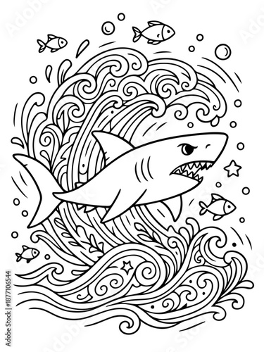 Ocean Fury: A dynamic illustration captures the fierce power of the ocean, with a menacing shark emerging from a crashing wave, surrounded by playful fish.