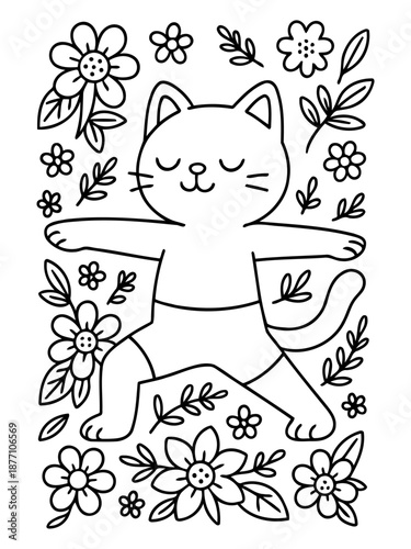 Meditative Cat in Bloom: A serene cartoon cat adopts a yoga pose amidst a vibrant array of blossoming flowers and lush foliage, embracing tranquility and the beauty of nature.