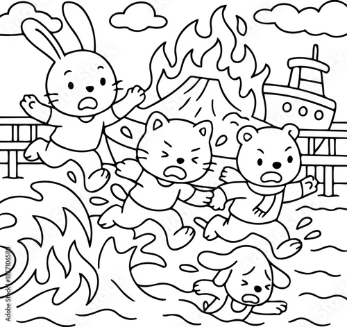 Cartoon animal in Danger: A cartoon illustration captures a moment of intense danger as a group of adorable animal characters flee a volcanic eruption. with expressions of fear and panic.