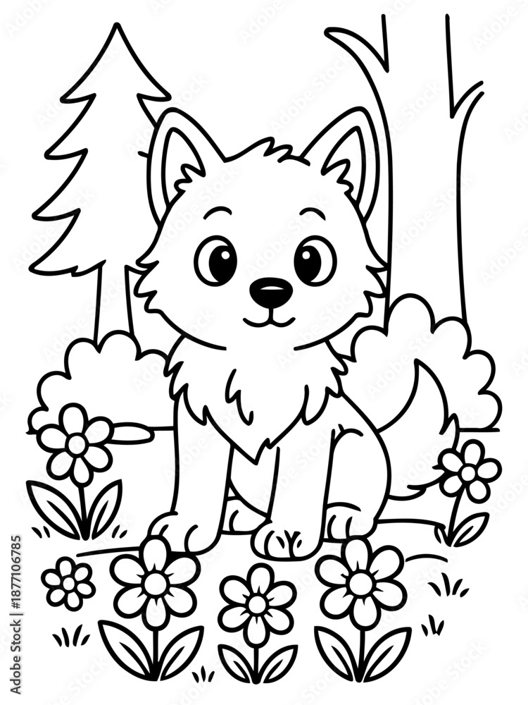 Obraz premium Whimsical Forest Companion: A charming cartoon wolf cub, exuding innocence and curiosity, finds itself amidst a vibrant meadow filled with blooming flowers and tall trees.