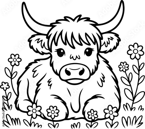Highland Cow Illustration: A charming, outlined illustration of a Highland cow rests serenely amidst blooming flowers, presenting a peaceful, whimsical scene.
