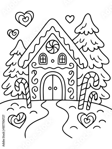 Gingerbread House Delight: An adorable gingerbread house, adorned with whimsical candy canes and heart-shaped accents, beckons with sugary sweetness. A charming winter scene of edible artistry.