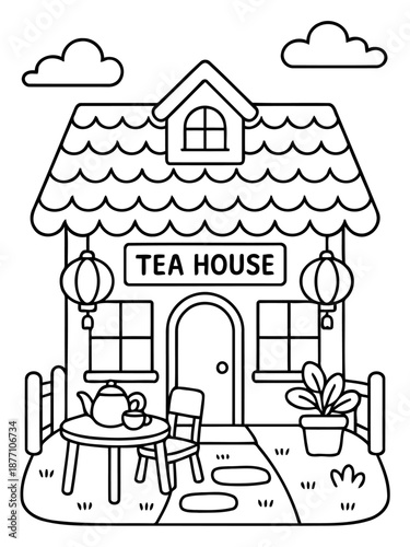 Cozy Tea House illustration: A charming illustration captures the serene atmosphere of a tea house. Delicate lines outline the building's facade, inviting viewers to explore.