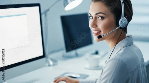 Professional customer support representative wearing a headset and working on a computer in a modern office environment setting
