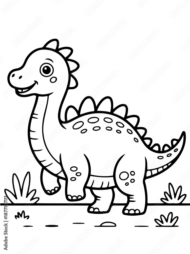 Fototapeta premium Cute Cartoon Dinosaur: A friendly dinosaur walks across a patch of grass.