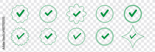 Blue tick verified social media account icons. approved profile sign. black, gold and blue tick in circles and rounded corner star. vector illustration on transparent png background.