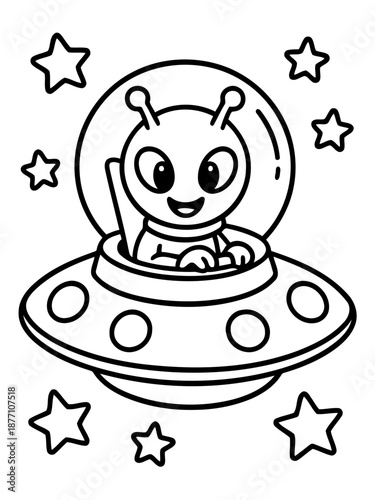 Interstellar Explorer: A delightful extraterrestrial pilot cruises through the cosmos in a vintage flying saucer, surrounded by twinkling stars and the vast expanse of space.