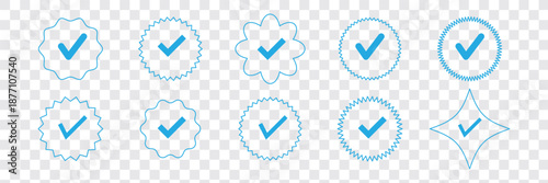 Blue tick verified social media account icons. approved profile sign. black, gold and blue tick in circles and rounded corner star. vector illustration on transparent png background.