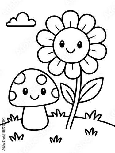 Smiling Flower and Mushroom: A whimsical illustration featuring a cheerful flower and mushroom, radiating happiness with their bright smiles and friendly charm. 