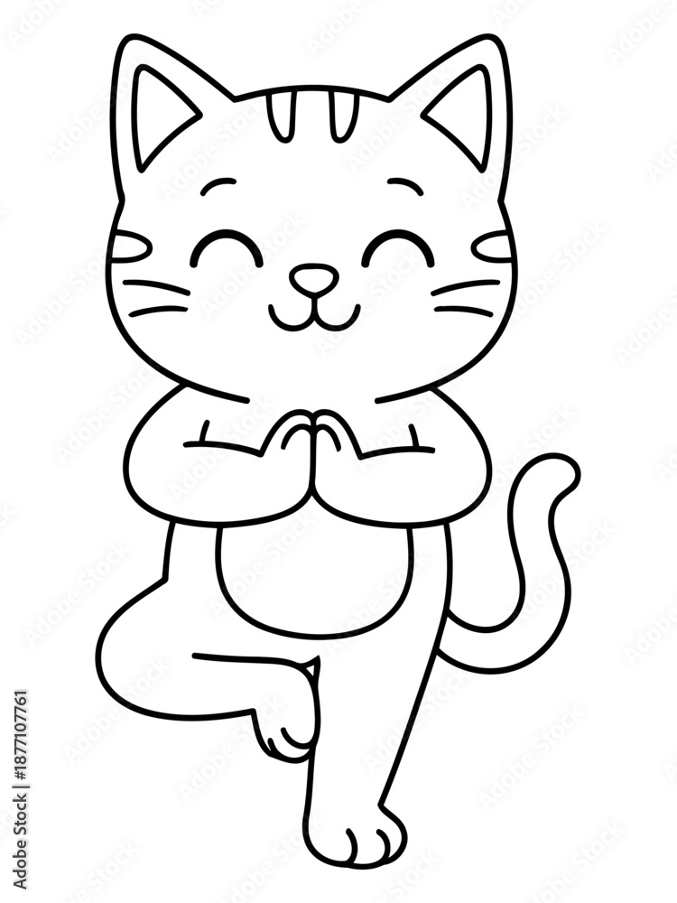 Obraz premium Mindful Kitty: A serene feline practices the art of mindfulness, engaging in a yoga pose with a blissful smile, bringing a sense of peace and relaxation.
