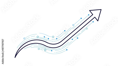 Upward curved arrow with wavy lines and small blue dots represents business growth, financial success, and data progress in a modern style.