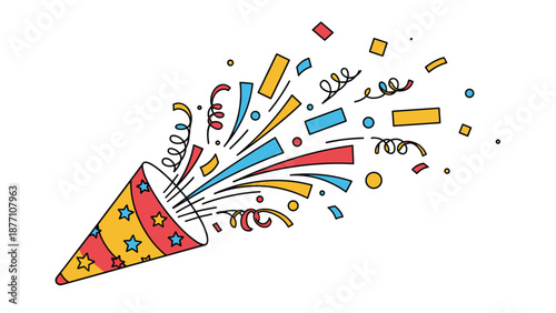 Colorful party popper bursting with confetti and stars represents a festive celebration, holiday event, or surprise for a special occasion.