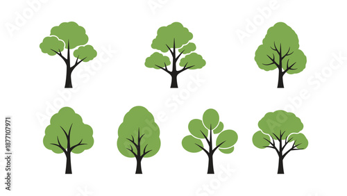 Grid of eight different green tree icons with black trunks represents nature, environmental conservation, and parks in a clean vector style.