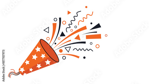 Orange party popper exploding with stars and confetti pieces represents a celebration, exciting event, or victory for a grand achievement.
