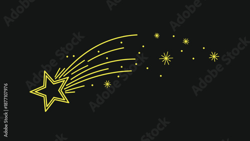 Yellow shooting star with a trailing path and small star icons on a black background represents a wish or cosmos in a simple vector design.